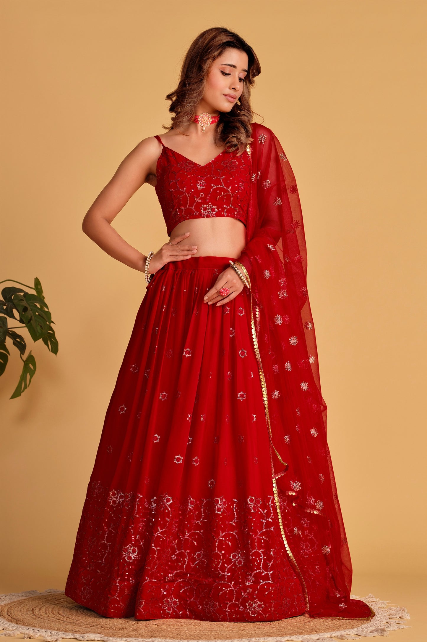 Stunning Red Georgette Designer Lehenga Choli with Embroidery Work and Matching Dupatta