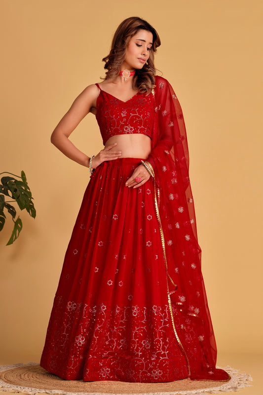 Stunning Red Georgette Designer Lehenga Choli with Embroidery Work and Matching Dupatta