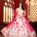 Elegant White Floral Printed Chinon Designer Lehenga Choli with Hot Pink Dupatta for Wedding