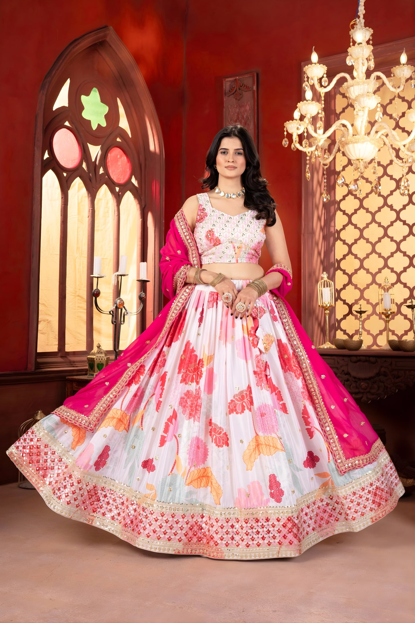 Elegant White Floral Printed Chinon Designer Lehenga Choli with Hot Pink Dupatta for Wedding