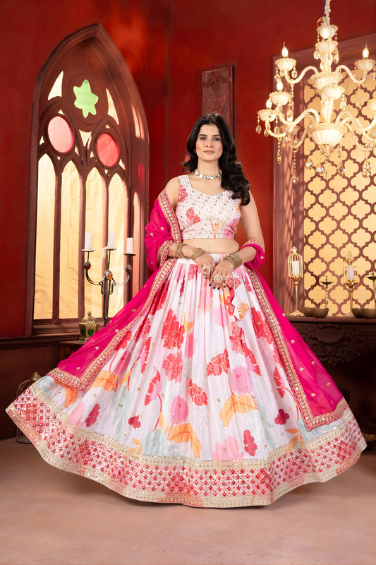 Elegant White Floral Printed Chinon Designer Lehenga Choli with Hot Pink Dupatta for Wedding