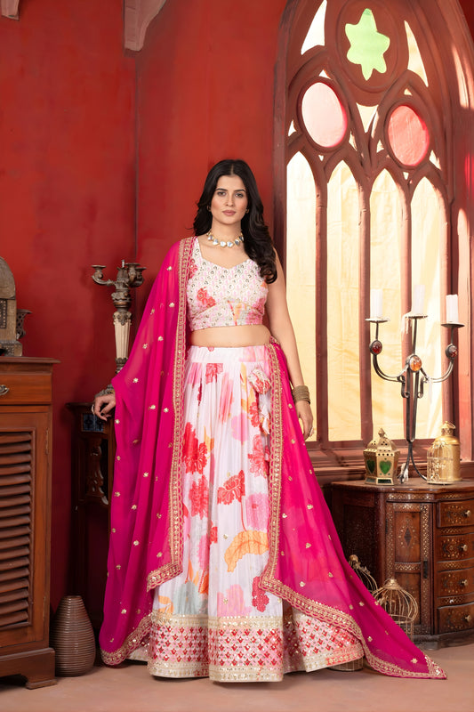 Elegant White Floral Printed Chinon Designer Lehenga Choli with Hot Pink Dupatta for Wedding