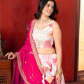 Elegant White Floral Printed Chinon Designer Lehenga Choli with Hot Pink Dupatta for Wedding
