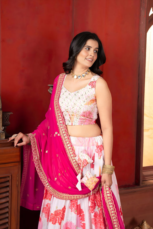 Elegant White Floral Printed Chinon Designer Lehenga Choli with Hot Pink Dupatta for Wedding