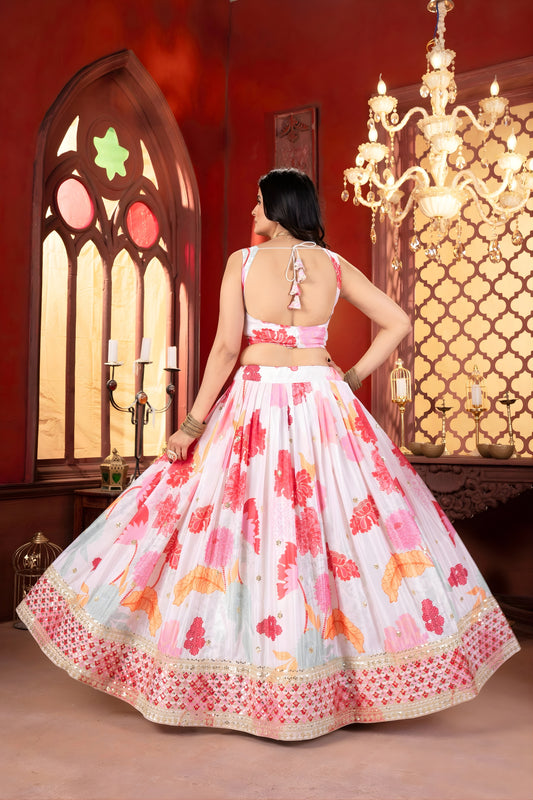 Elegant White Floral Printed Chinon Designer Lehenga Choli with Hot Pink Dupatta for Wedding