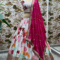 Elegant White Floral Printed Chinon Designer Lehenga Choli with Hot Pink Dupatta for Wedding