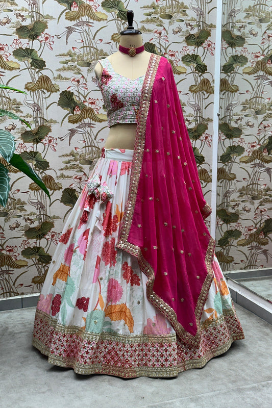 Elegant White Floral Printed Chinon Designer Lehenga Choli with Hot Pink Dupatta for Wedding