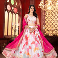 Elegant White Floral Printed Chinon Designer Lehenga Choli with Hot Pink Dupatta for Wedding