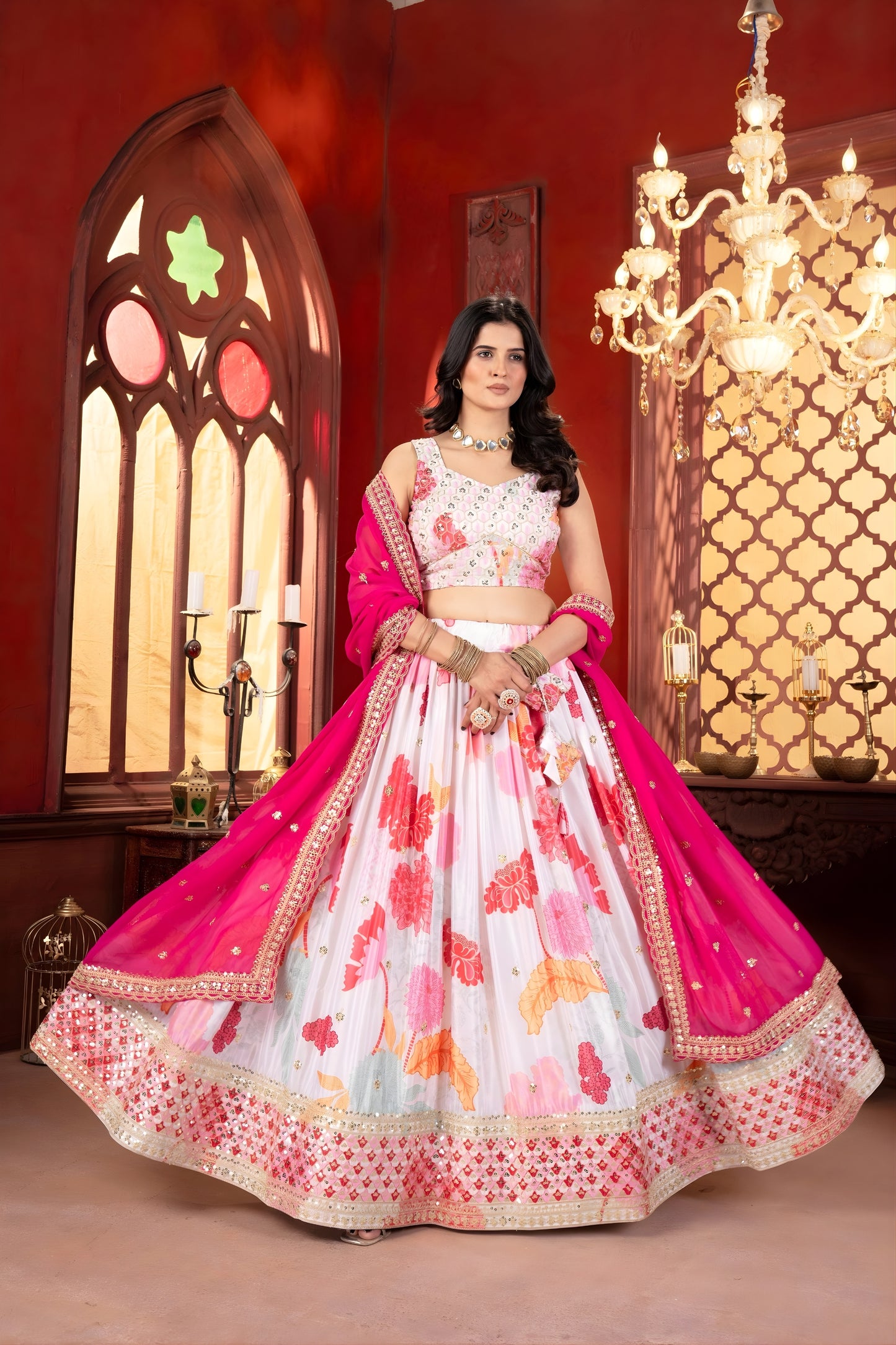 Elegant White Floral Printed Chinon Designer Lehenga Choli with Hot Pink Dupatta for Wedding