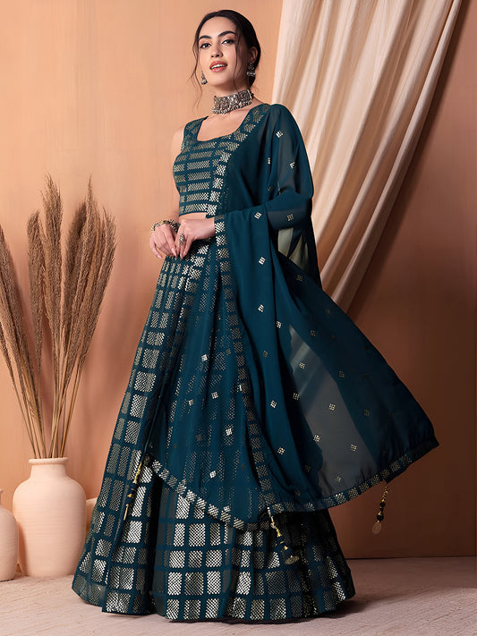 Elegant Teal Blue Embroidered Georgette Wedding Lehenga Choli with Matching Dupatta