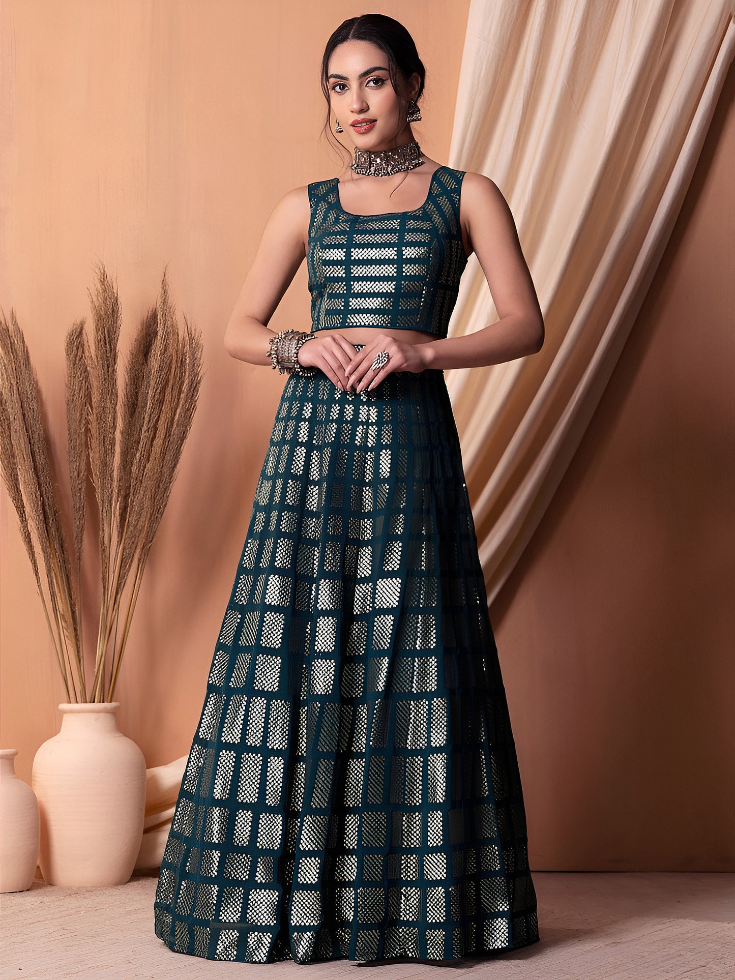 Elegant Teal Blue Embroidered Georgette Wedding Lehenga Choli with Matching Dupatta