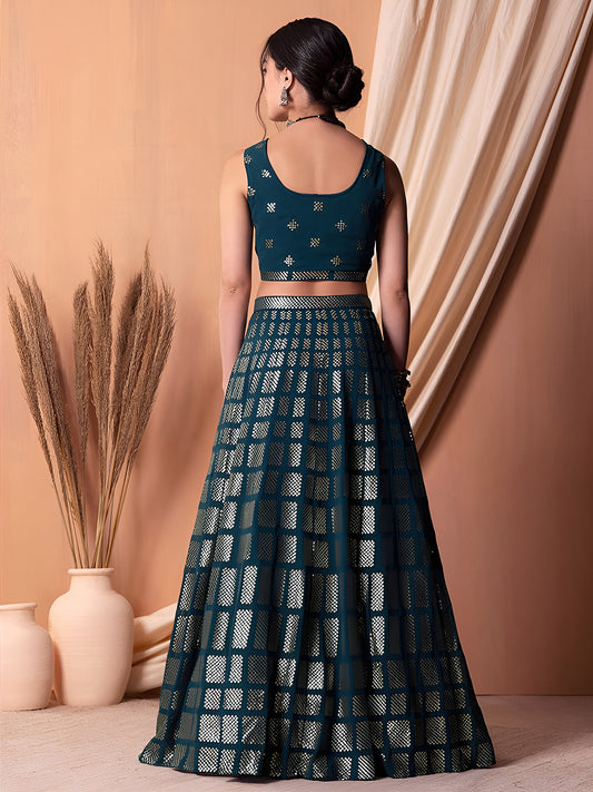 Elegant Teal Blue Embroidered Georgette Wedding Lehenga Choli with Matching Dupatta