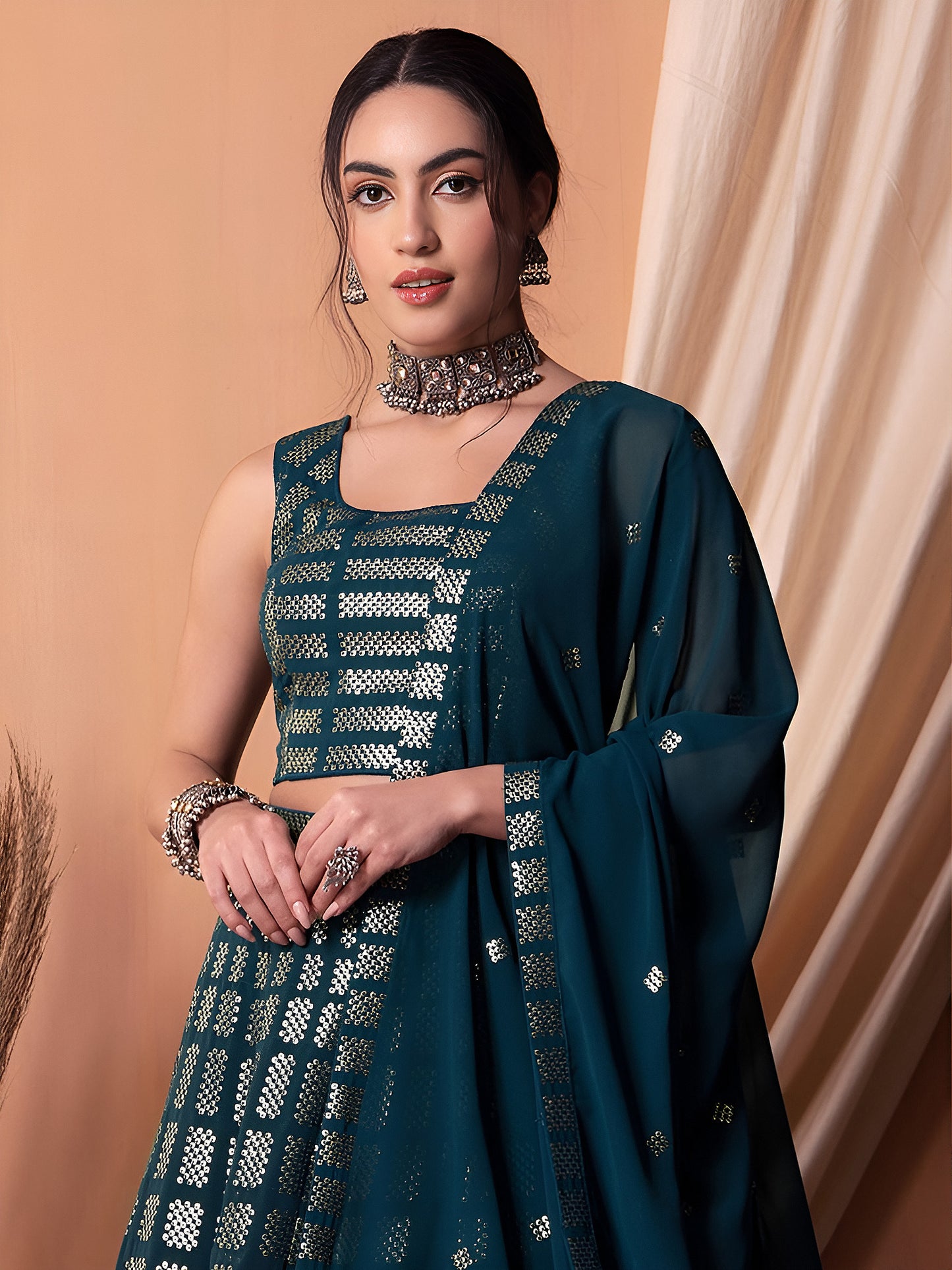 Elegant Teal Blue Embroidered Georgette Wedding Lehenga Choli with Matching Dupatta