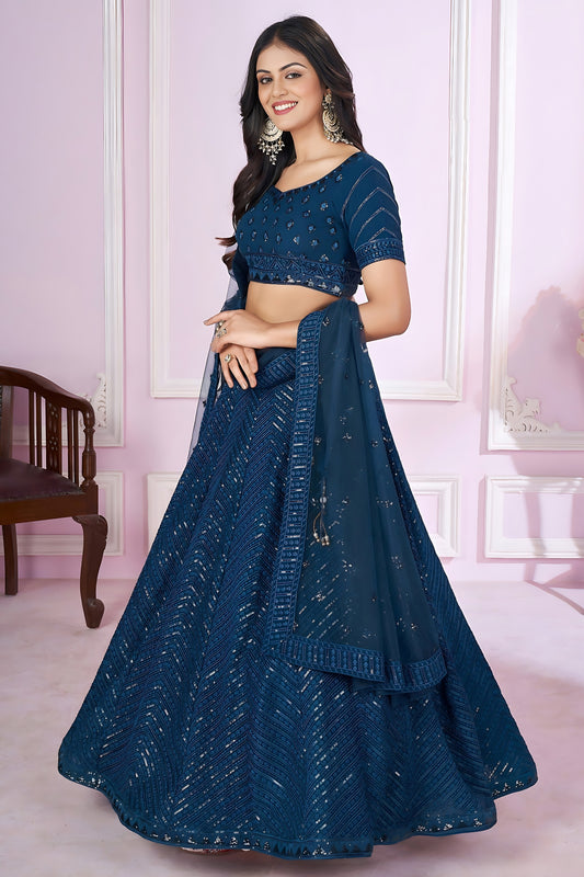 Elegant Teal Blue Embroidered Georgette Lehenga Choli with Soft Net Dupatta for Women