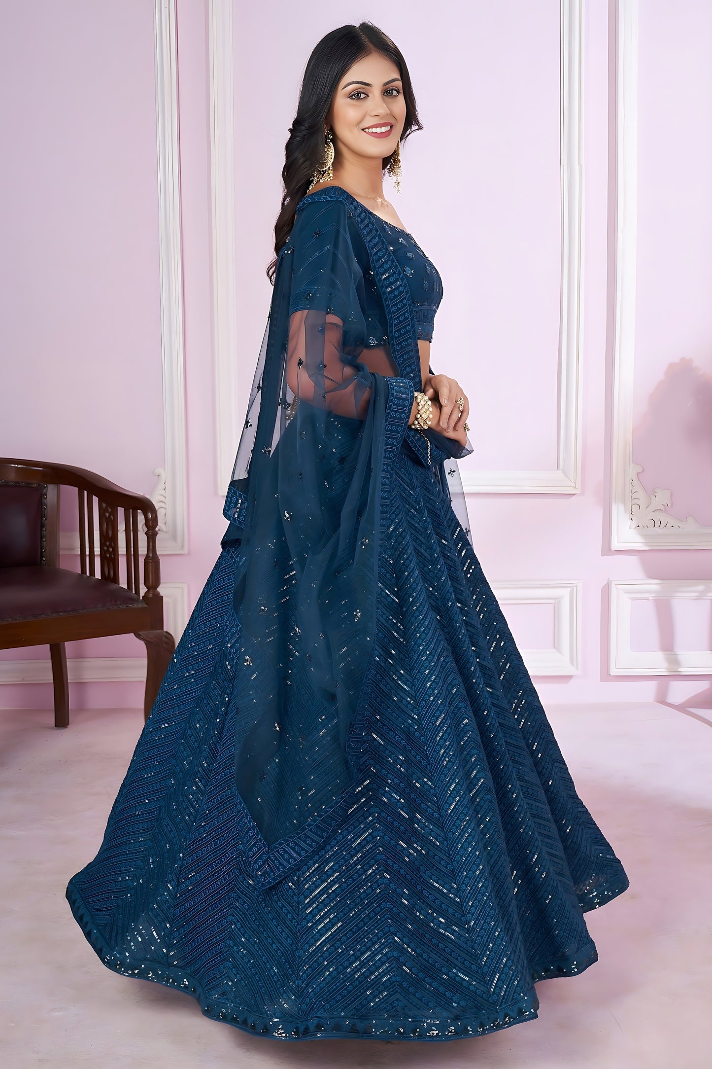 Elegant Teal Blue Embroidered Georgette Lehenga Choli with Soft Net Dupatta for Women