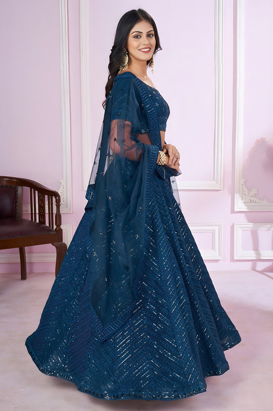 Elegant Teal Blue Embroidered Georgette Lehenga Choli with Soft Net Dupatta for Women