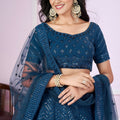 Elegant Teal Blue Embroidered Georgette Lehenga Choli with Soft Net Dupatta for Women