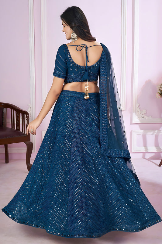 Elegant Teal Blue Embroidered Georgette Lehenga Choli with Soft Net Dupatta for Women