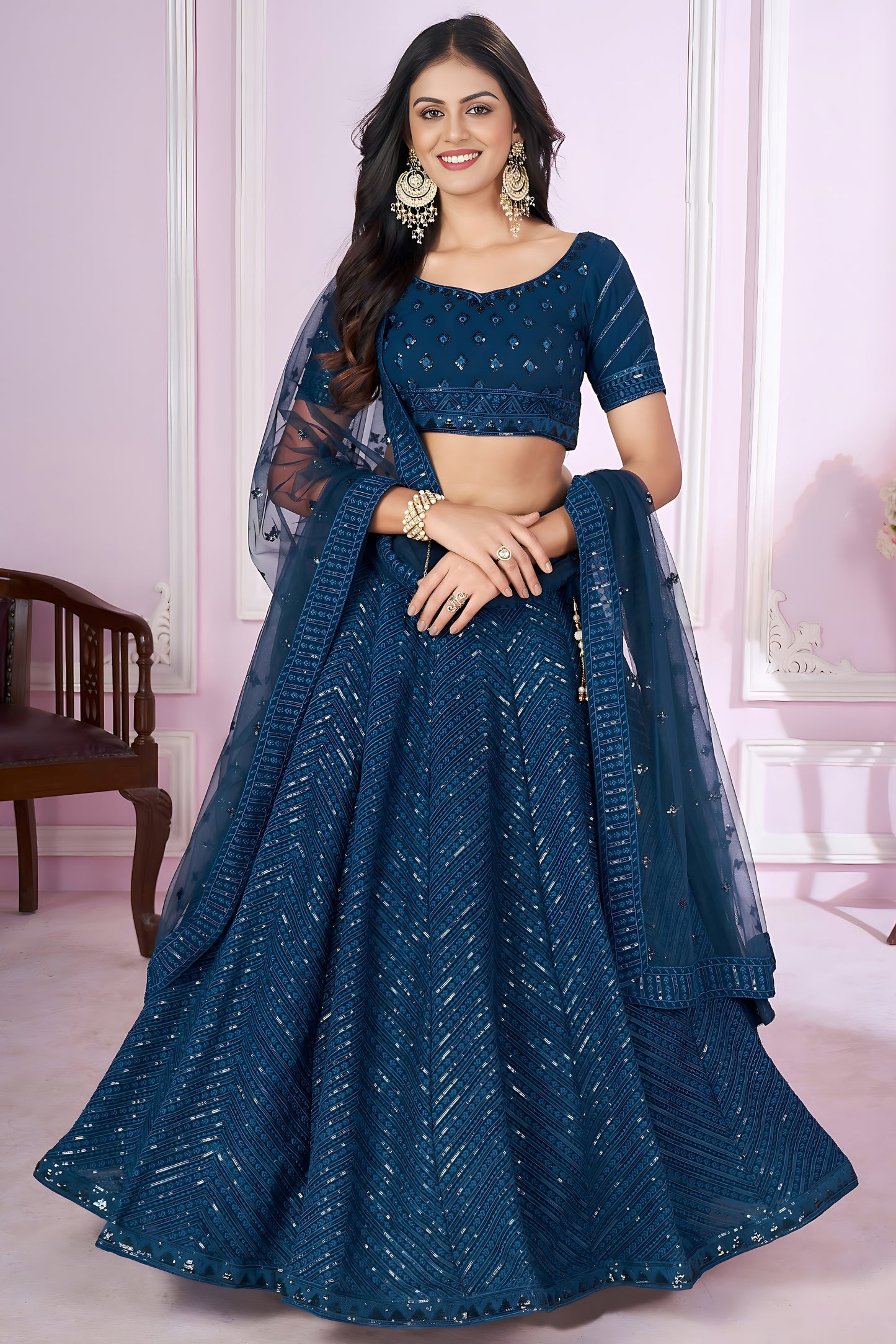 Elegant Teal Blue Embroidered Georgette Lehenga Choli with Soft Net Dupatta for Women