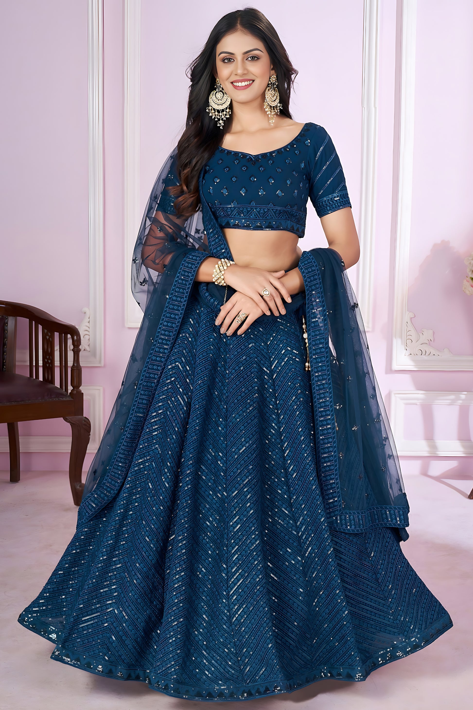 Elegant Teal Blue Embroidered Georgette Lehenga Choli with Soft Net Dupatta for Women