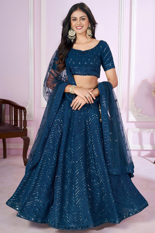 Elegant Teal Blue Embroidered Georgette Lehenga Choli with Soft Net Dupatta for Women