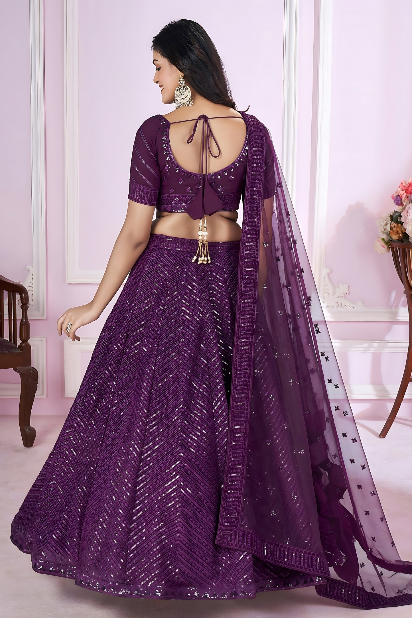 Beautiful Purple Embroidered Georgette Lehenga Choli with Soft Net Dupatta for Women