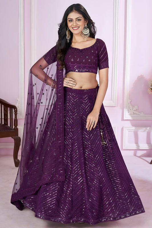 Beautiful Purple Embroidered Georgette Lehenga Choli with Soft Net Dupatta for Women