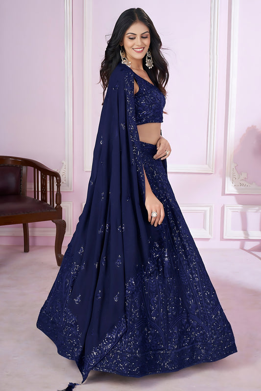 Stunning Navy Blue Embroidered Georgette Lehenga Choli with Dupatta for Women