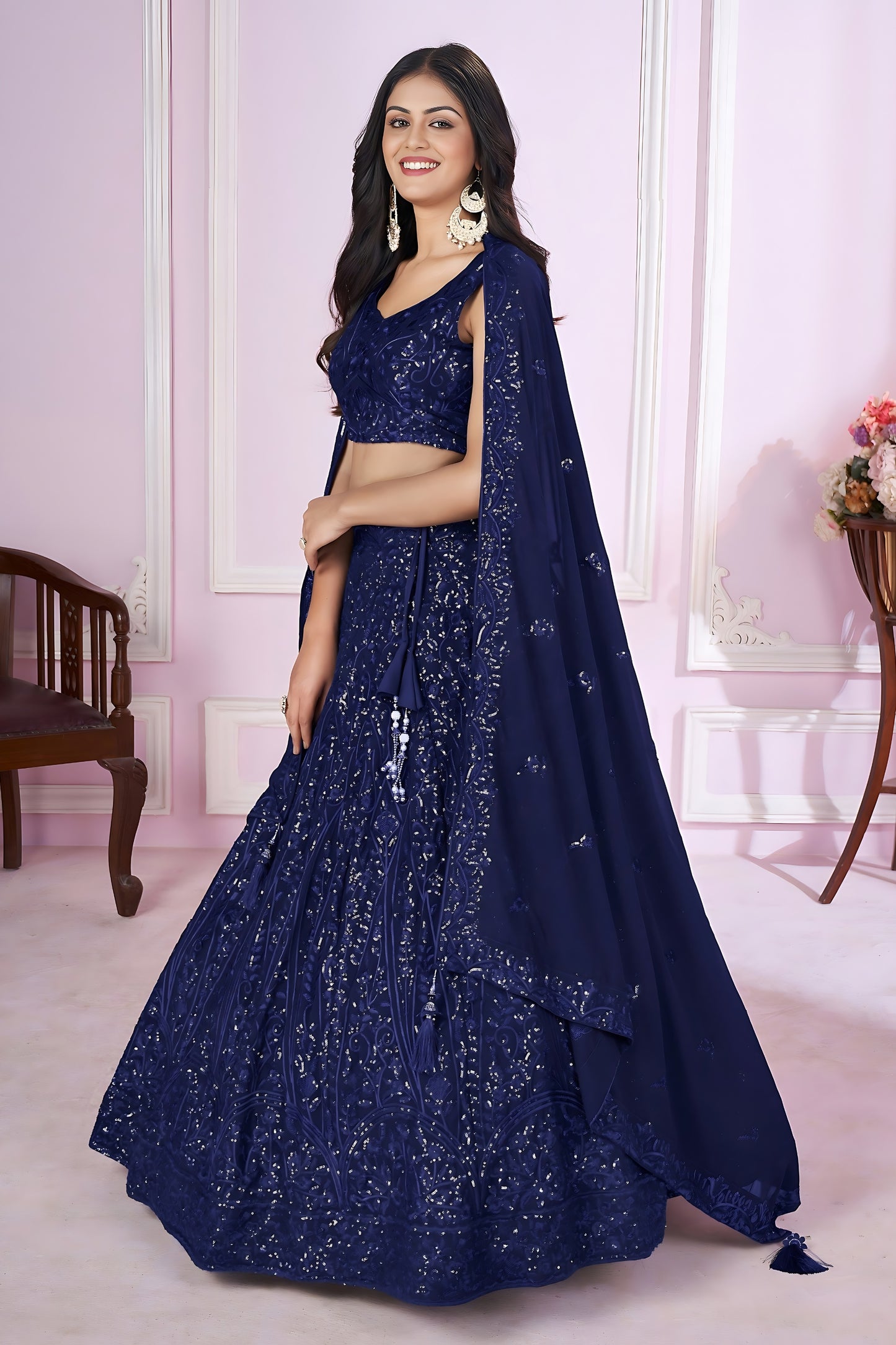 Stunning Navy Blue Embroidered Georgette Lehenga Choli with Dupatta for Women