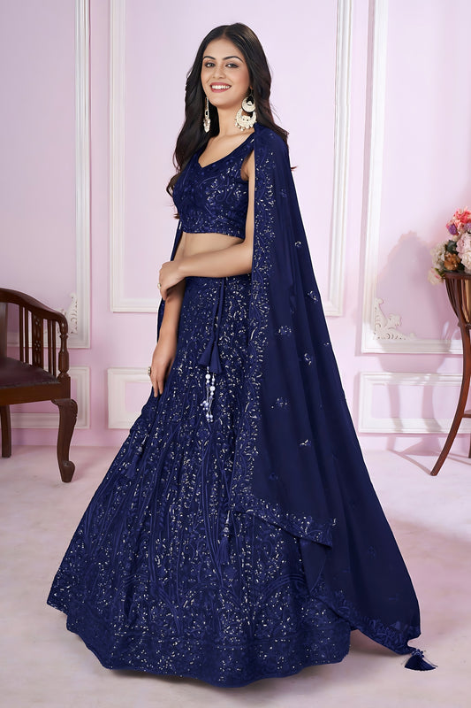 Stunning Navy Blue Embroidered Georgette Lehenga Choli with Dupatta for Women
