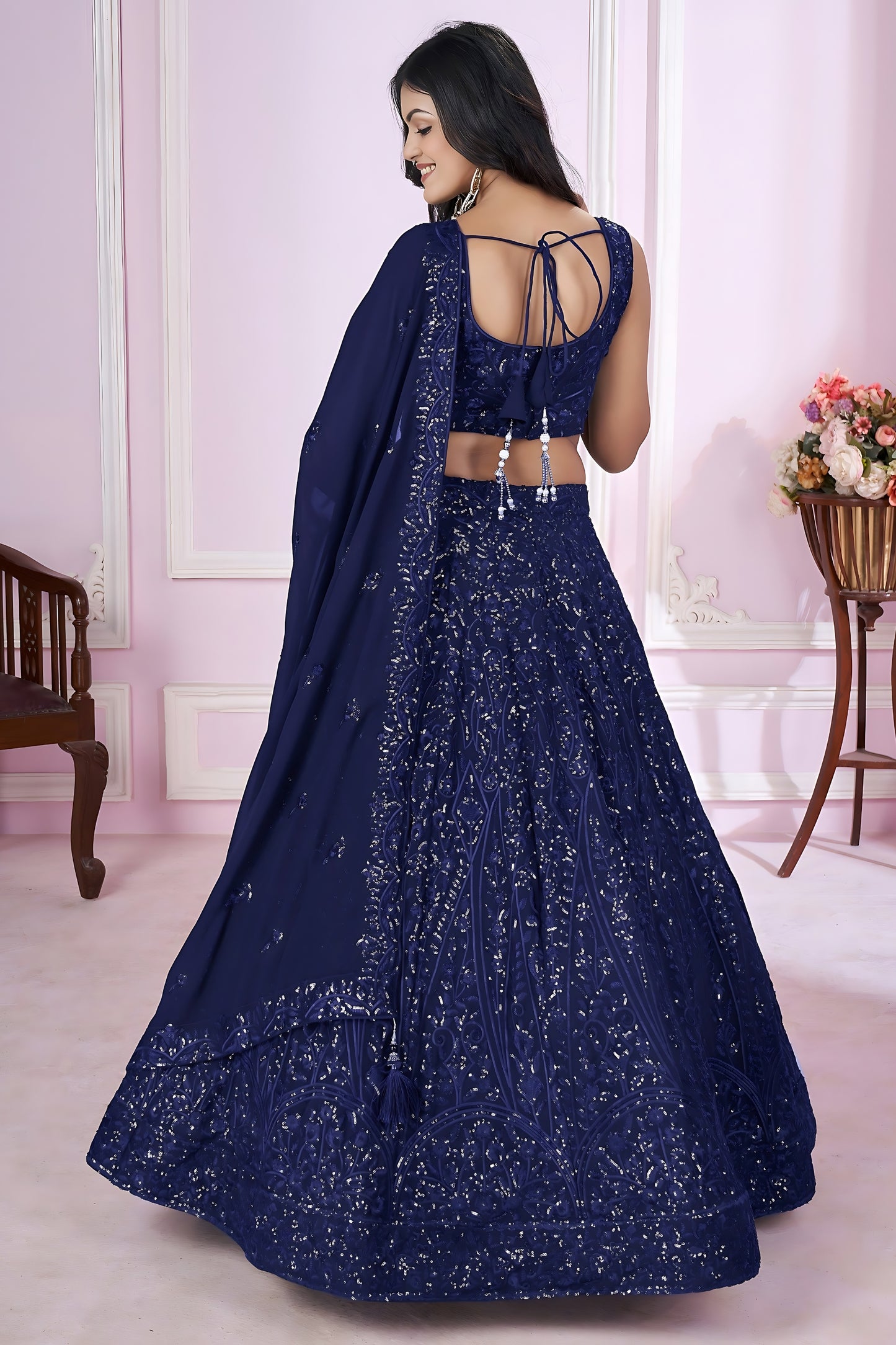 Stunning Navy Blue Embroidered Georgette Lehenga Choli with Dupatta for Women