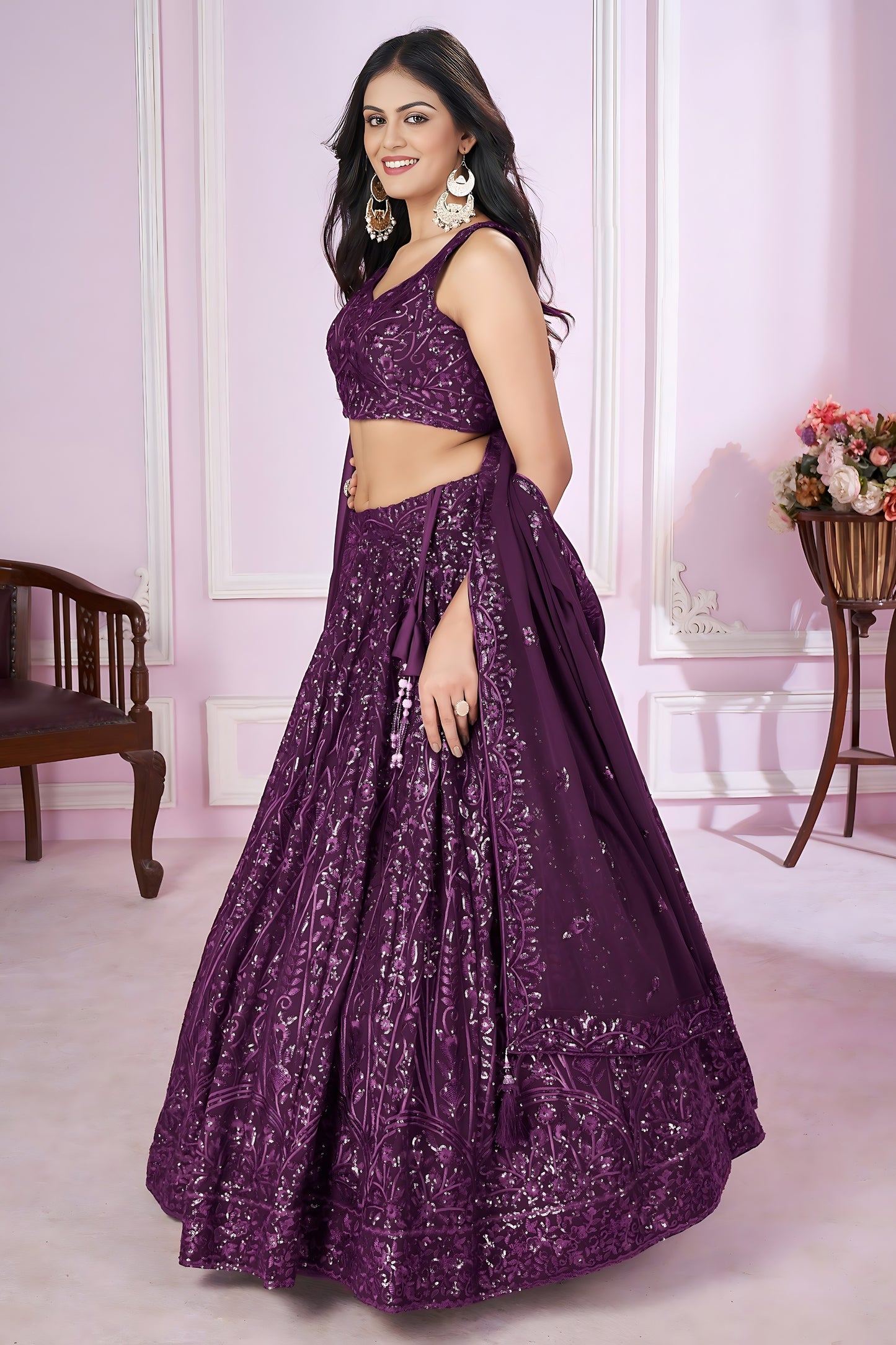 Lovely Purple Embroidered Georgette Lehenga Choli with Dupatta for Women