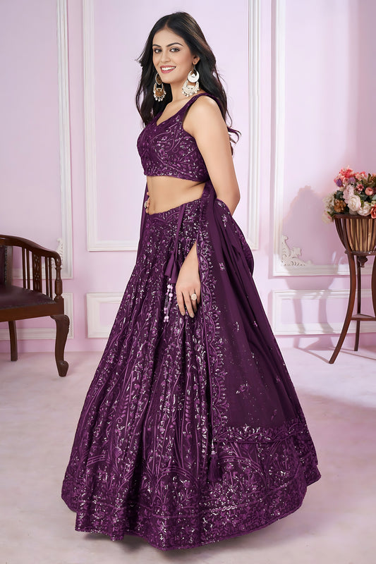 Lovely Purple Embroidered Georgette Lehenga Choli with Dupatta for Women