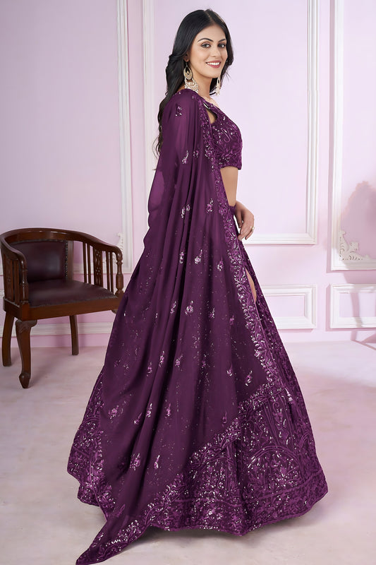 Lovely Purple Embroidered Georgette Lehenga Choli with Dupatta for Women