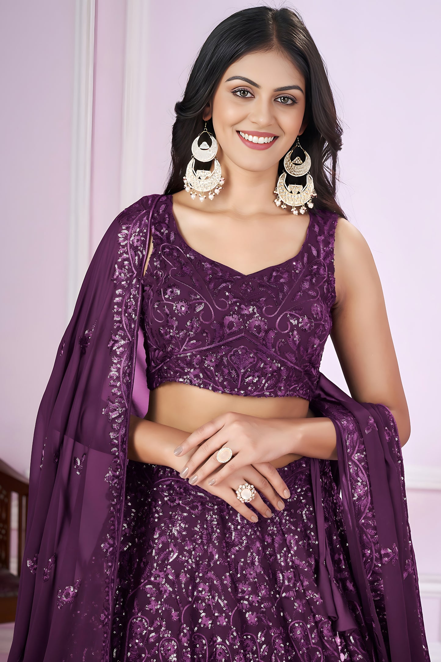 Lovely Purple Embroidered Georgette Lehenga Choli with Dupatta for Women