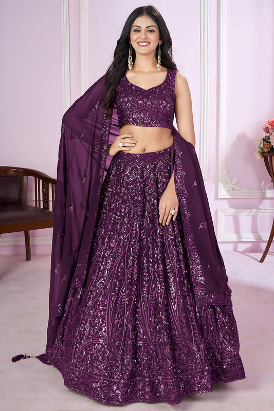 Lovely Purple Embroidered Georgette Lehenga Choli with Dupatta for Women