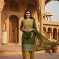 Elegant Mustard Yellow and Olive Green Embroidered Chinon Silk Palazzo Suit with Dupatta