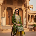 Elegant Mustard Yellow and Olive Green Embroidered Chinon Silk Palazzo Suit with Dupatta