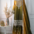 Elegant Mustard Yellow and Olive Green Embroidered Chinon Silk Palazzo Suit with Dupatta