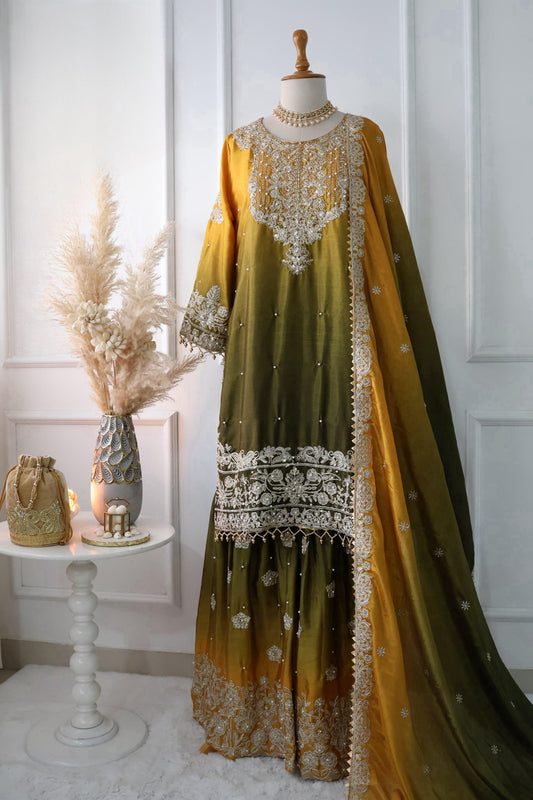 Elegant Mustard Yellow and Olive Green Embroidered Chinon Silk Palazzo Suit with Dupatta