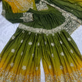 Elegant Mustard Yellow and Olive Green Embroidered Chinon Silk Palazzo Suit with Dupatta