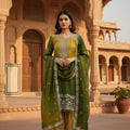 Elegant Mustard Yellow and Olive Green Embroidered Chinon Silk Palazzo Suit with Dupatta