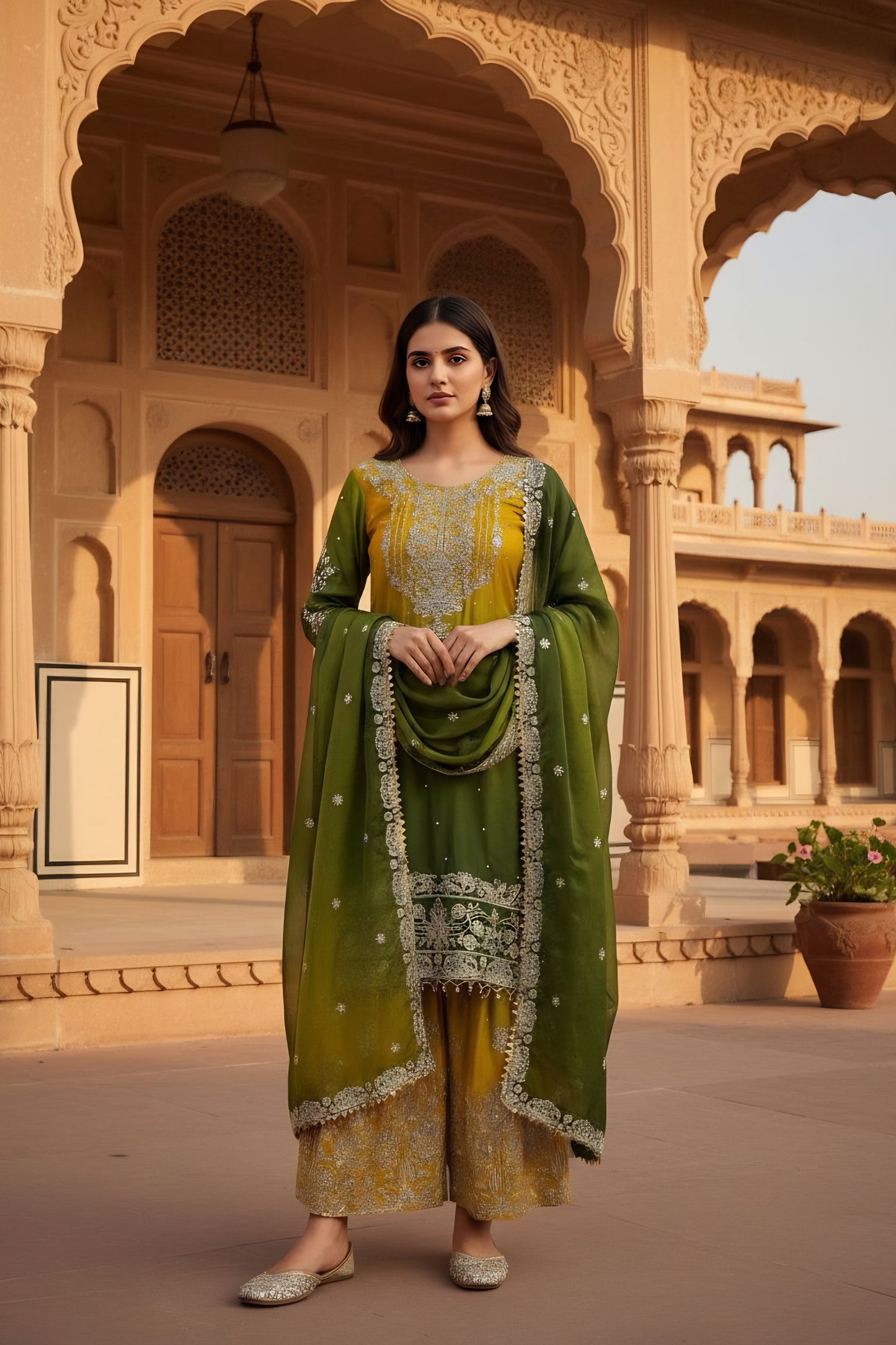 Elegant Mustard Yellow and Olive Green Embroidered Chinon Silk Palazzo Suit with Dupatta