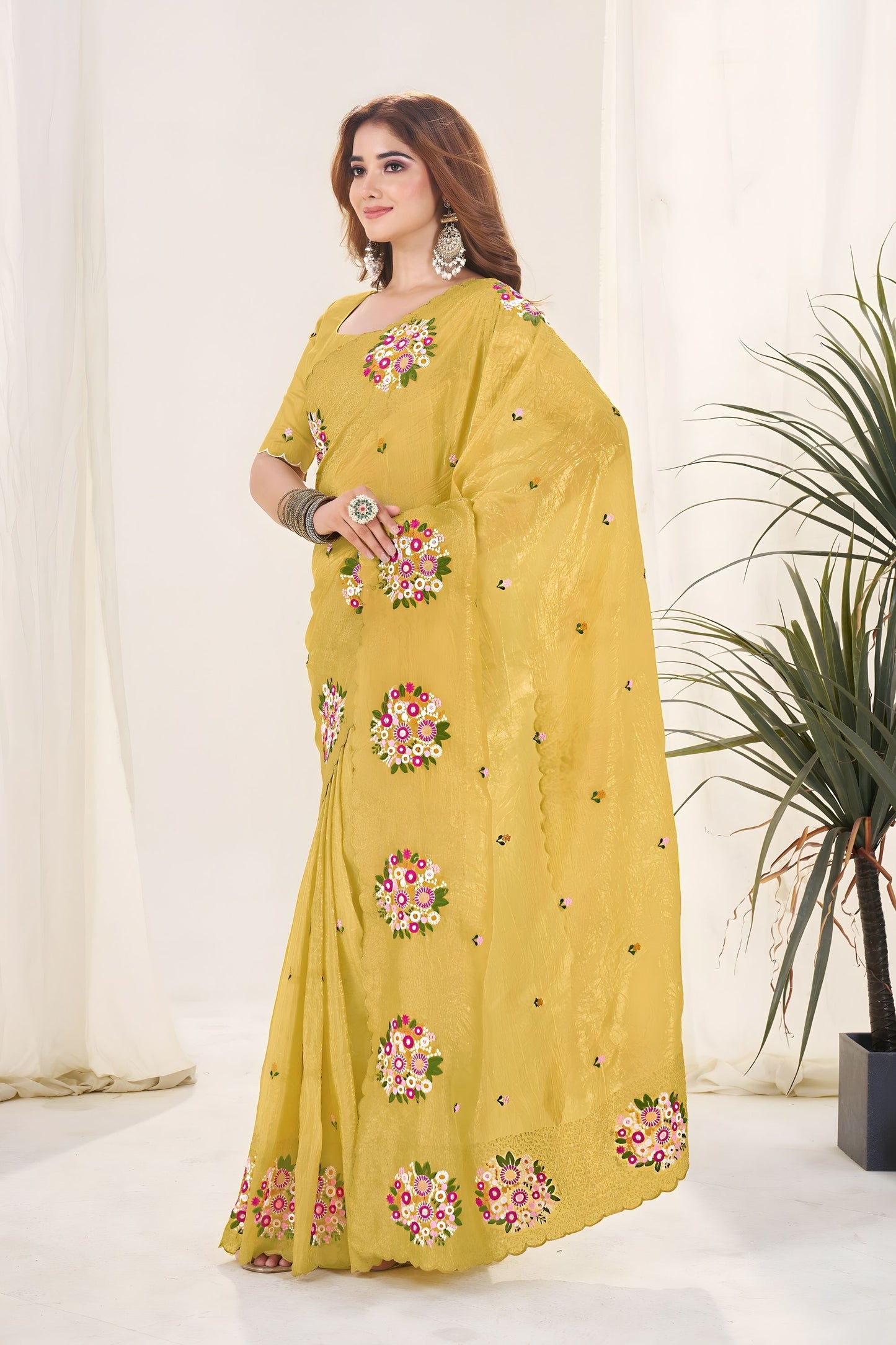 Mustard Yellow Organza Saree Floral Embroidery Designer Blouse