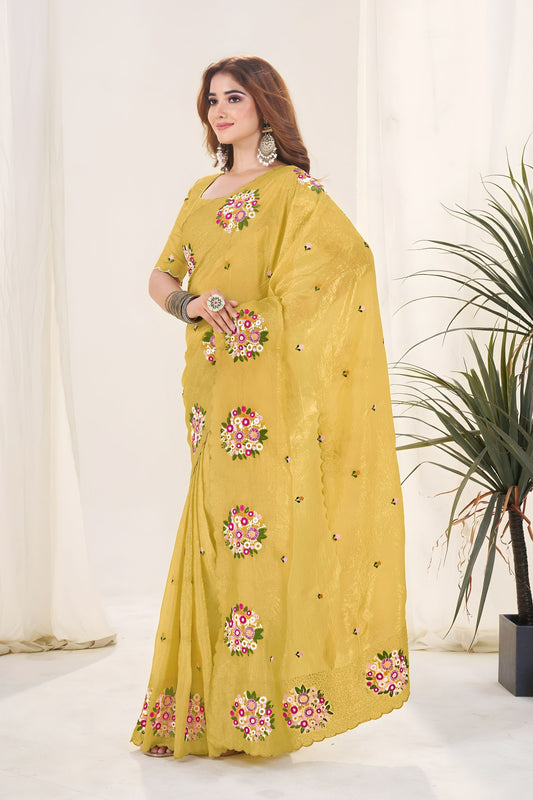 Mustard Yellow Organza Saree Floral Embroidery Designer Blouse