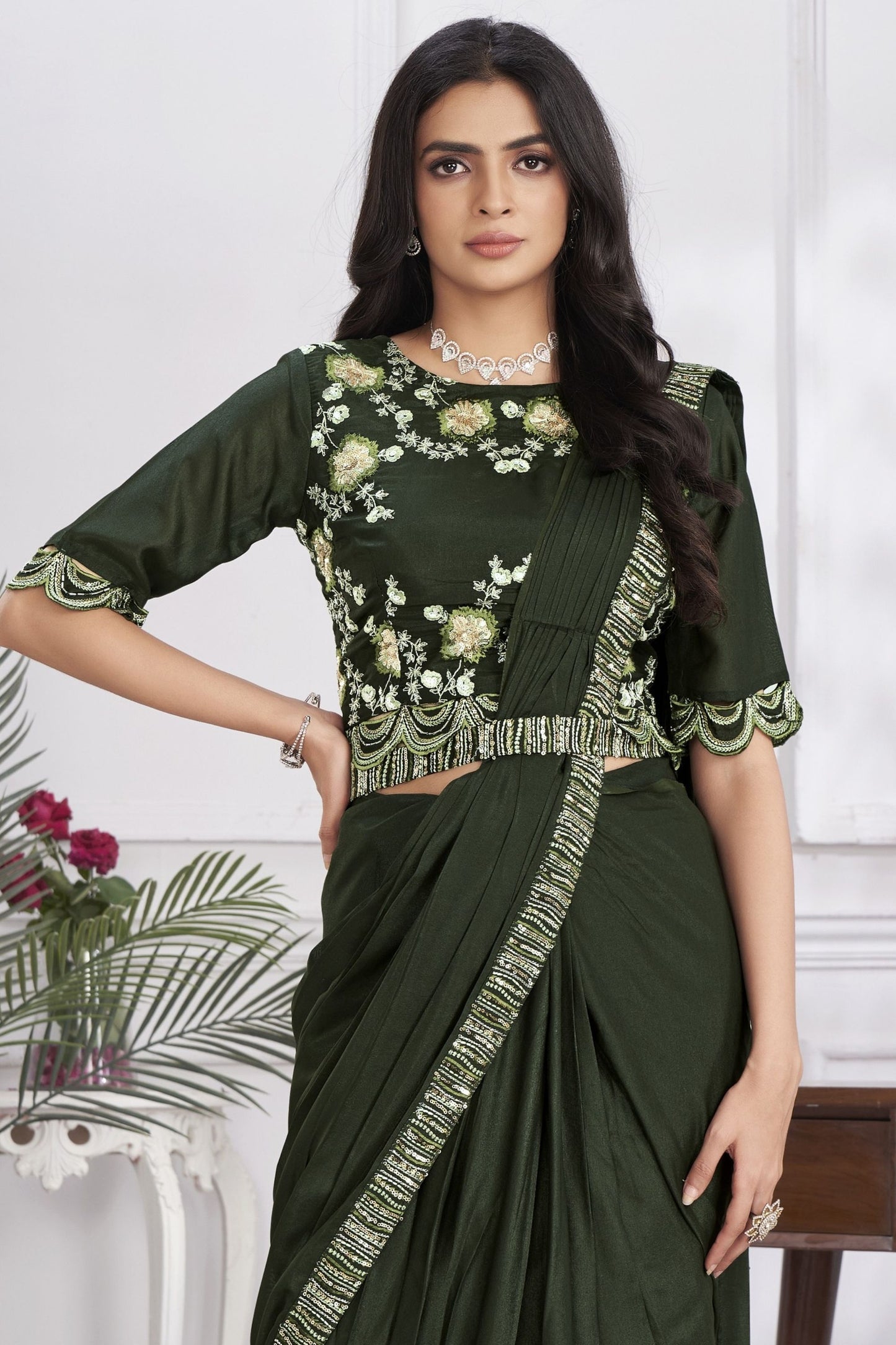 Elegant Dark Green Embroidered Designer Saree