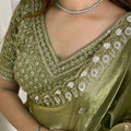Olive Green Organza Silk Saree Heavy Sequins Embroidered Border Designer Blouse