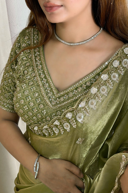 Olive Green Organza Silk Saree Heavy Sequins Embroidered Border Designer Blouse