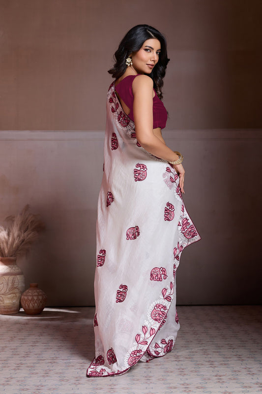 White Organza Saree Maroon Elephant Motif Print Embroidered Border
