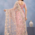 Peach Pink Floral Embroidered Net Saree with Designer Border